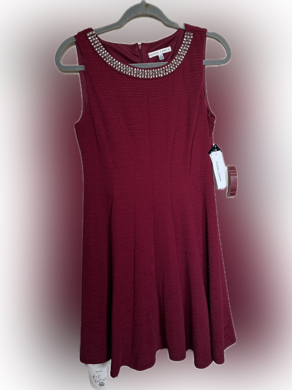 Sandra Darren Burgundy Jewel-Neck Sleeveless Fit & Flare Mini Dress
